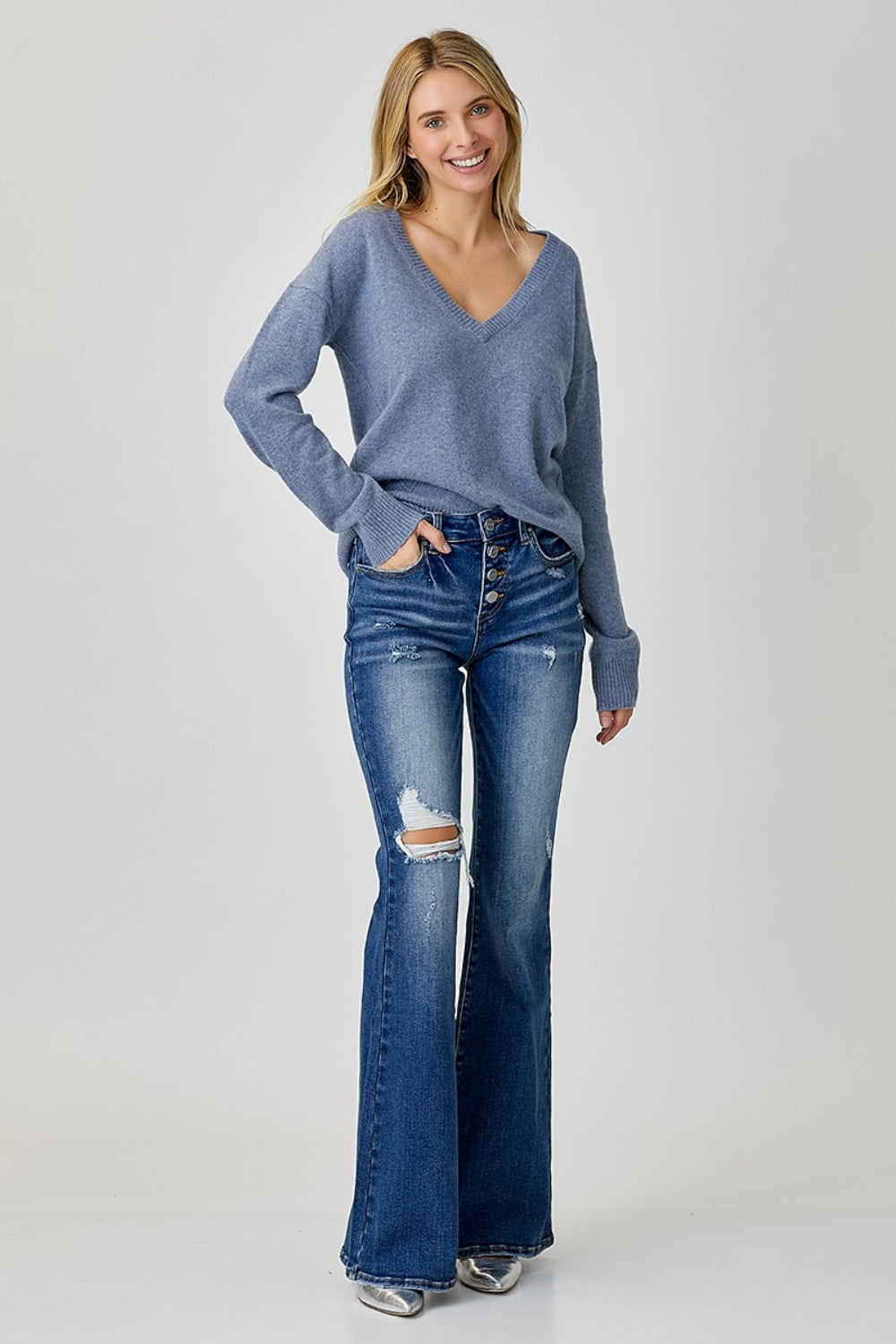 Distressed Button-Fly Flare Jeans - The Daily Makeover