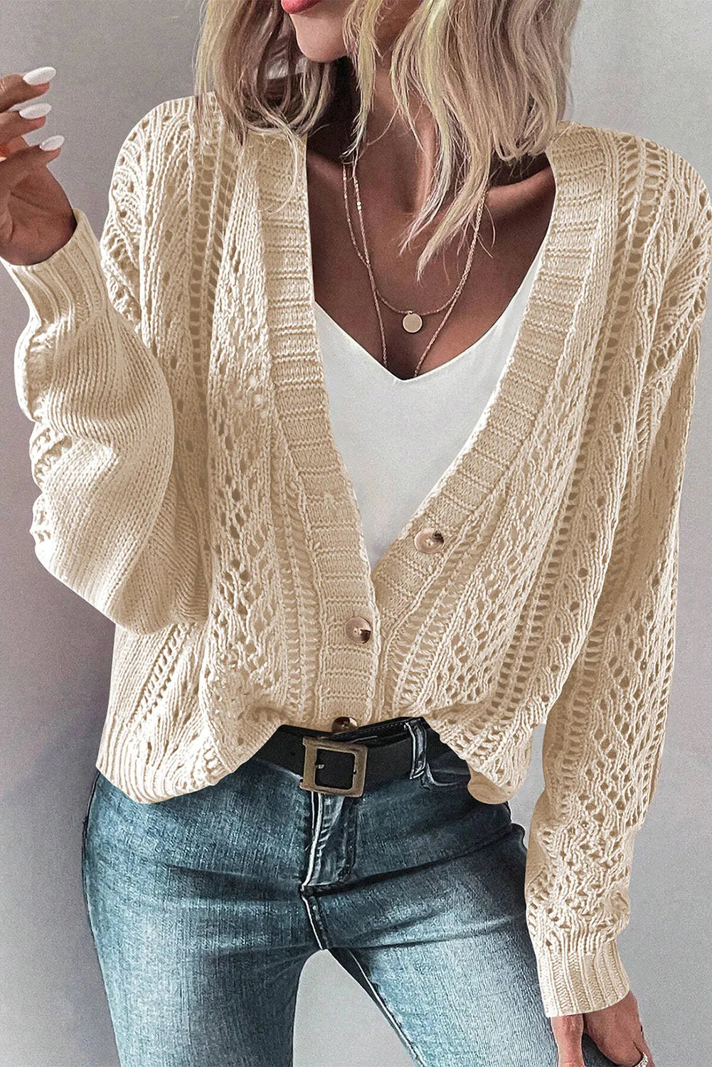 Openwork Button Up Long Sleeve Cardigan - The Daily Makeover