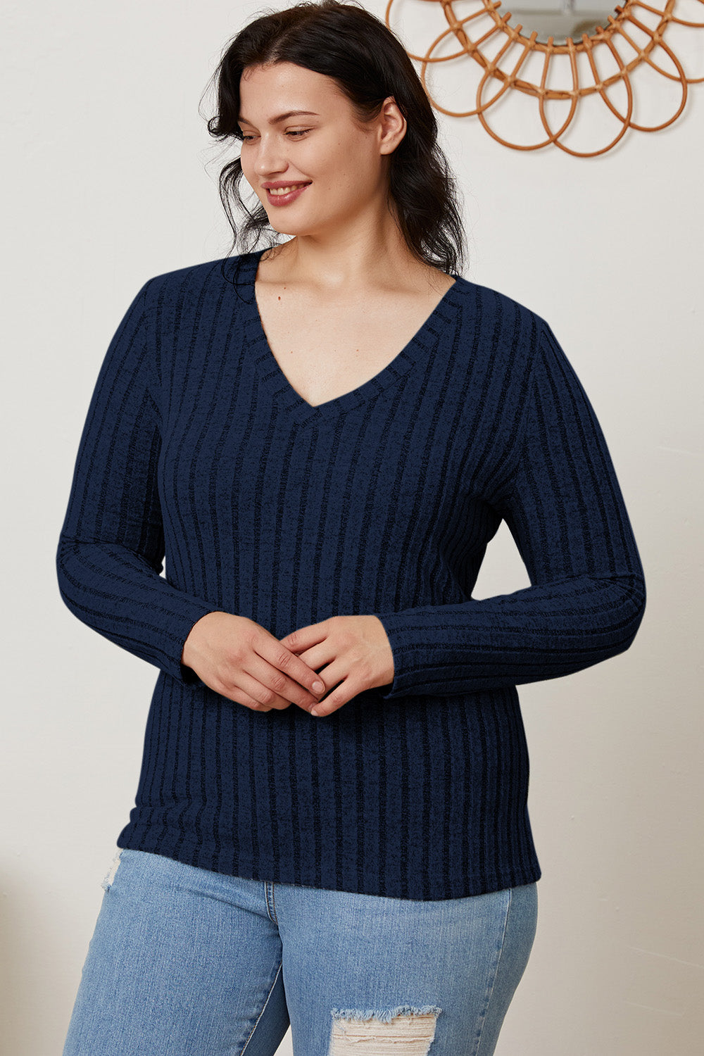 Full Size Ribbed V-Neck Long Sleeve T-Shirt - The Daily Makeover