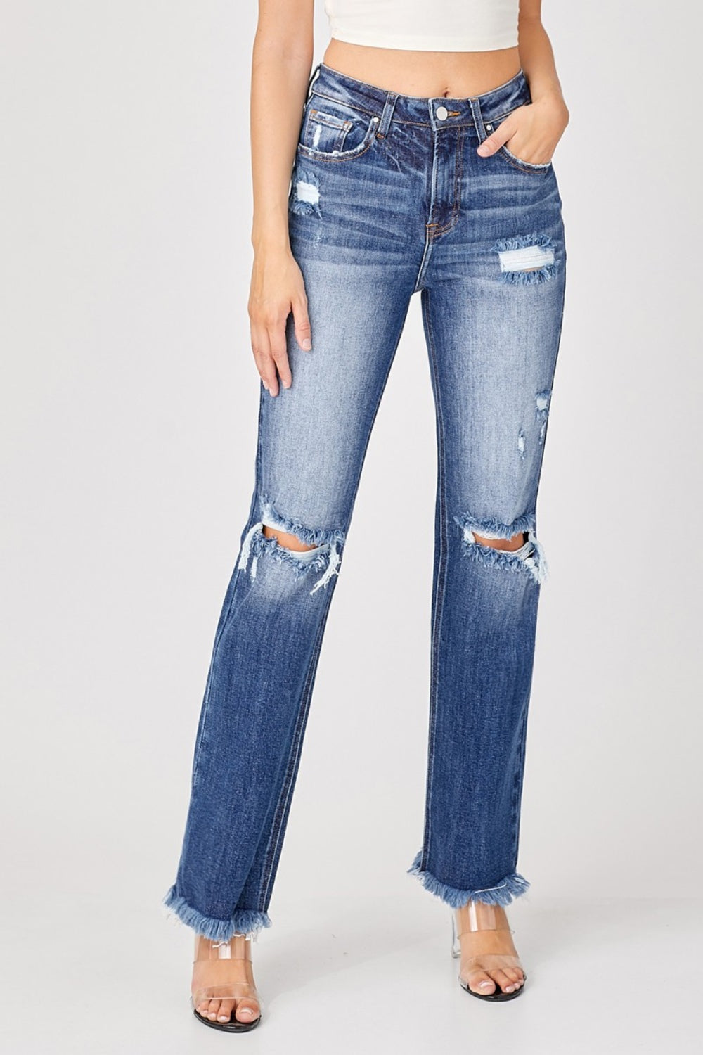 Full Size Raw Hem Distressed Straight Jeans - The Daily Makeover