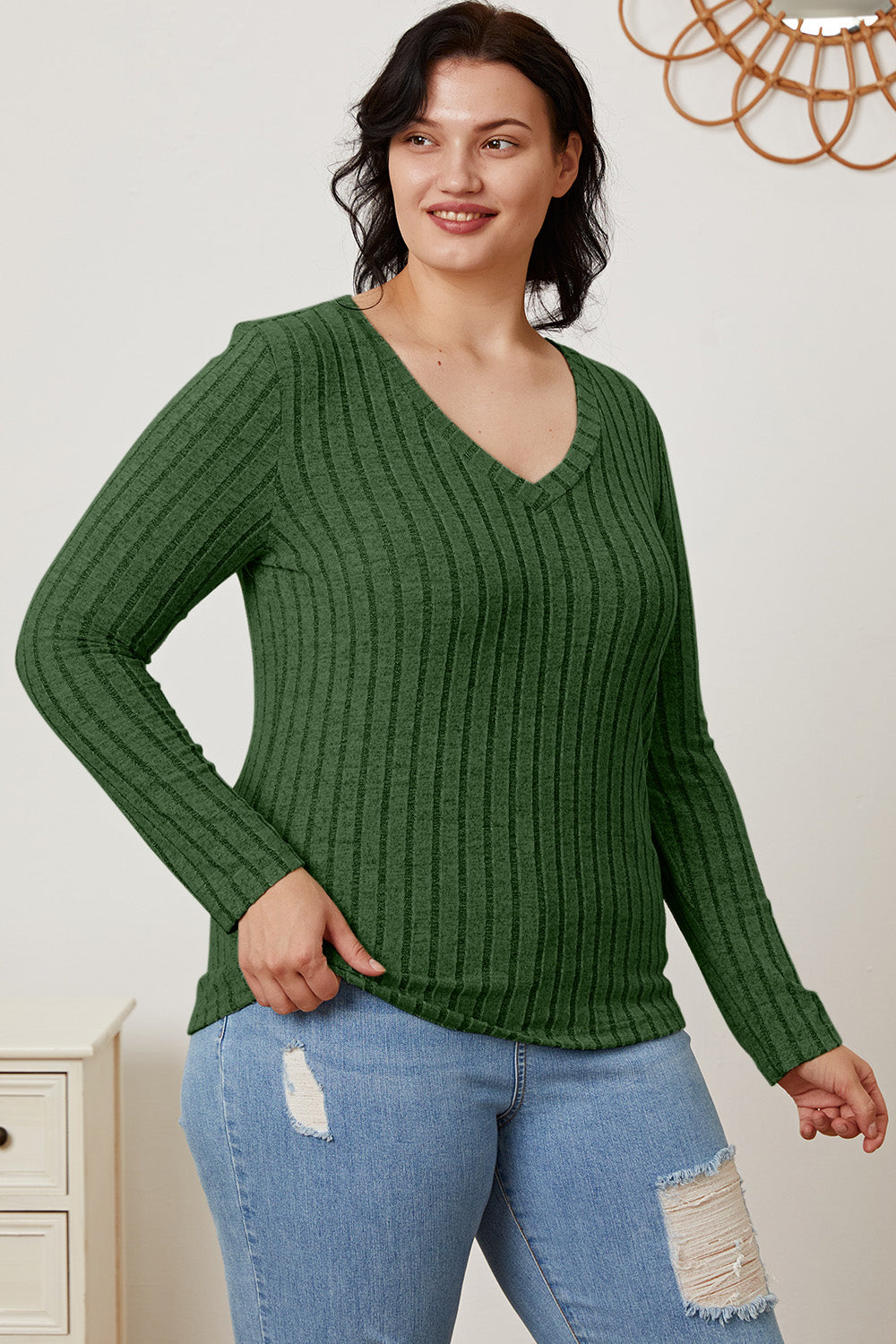 Full Size Ribbed V-Neck Long Sleeve T-Shirt - The Daily Makeover