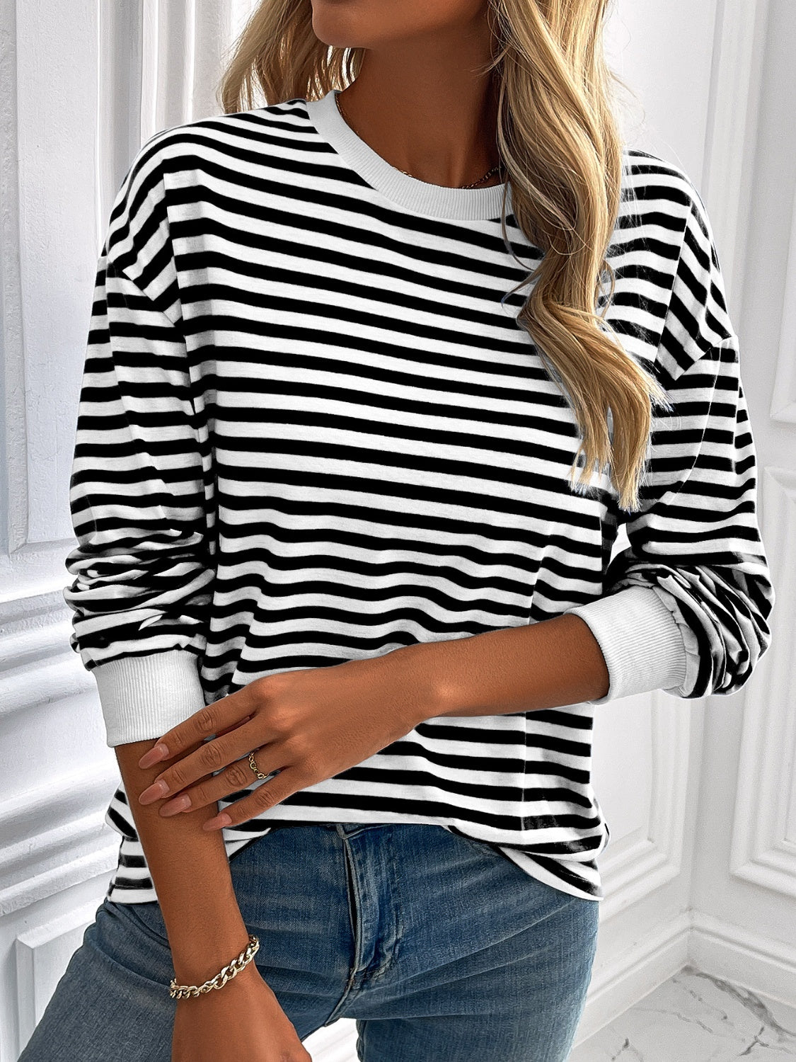 Ivy Lane Striped Round Neck Long Sleeve Sweatshirt - The Daily Makeover