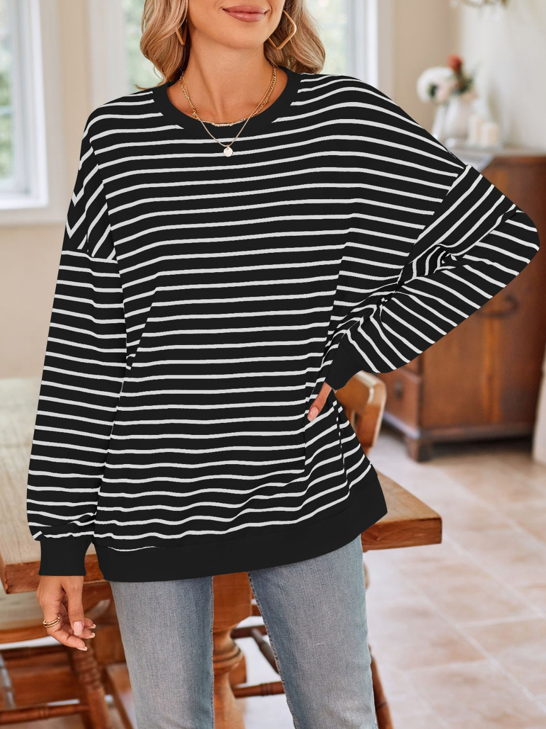Lovelet Striped Round Neck Long Sleeve Sweatshirt - The Daily Makeover