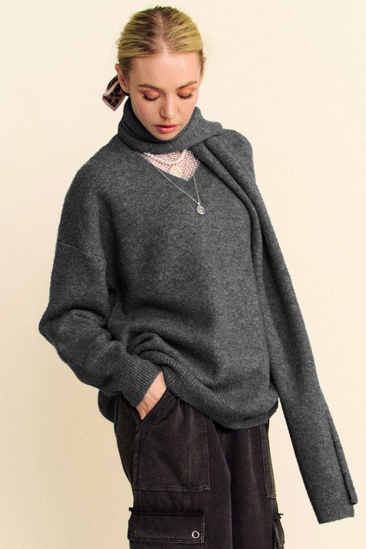 Davi & Dani V-Neck Dropped Shoulder Sweater with Scarf Set - The Daily Makeover
