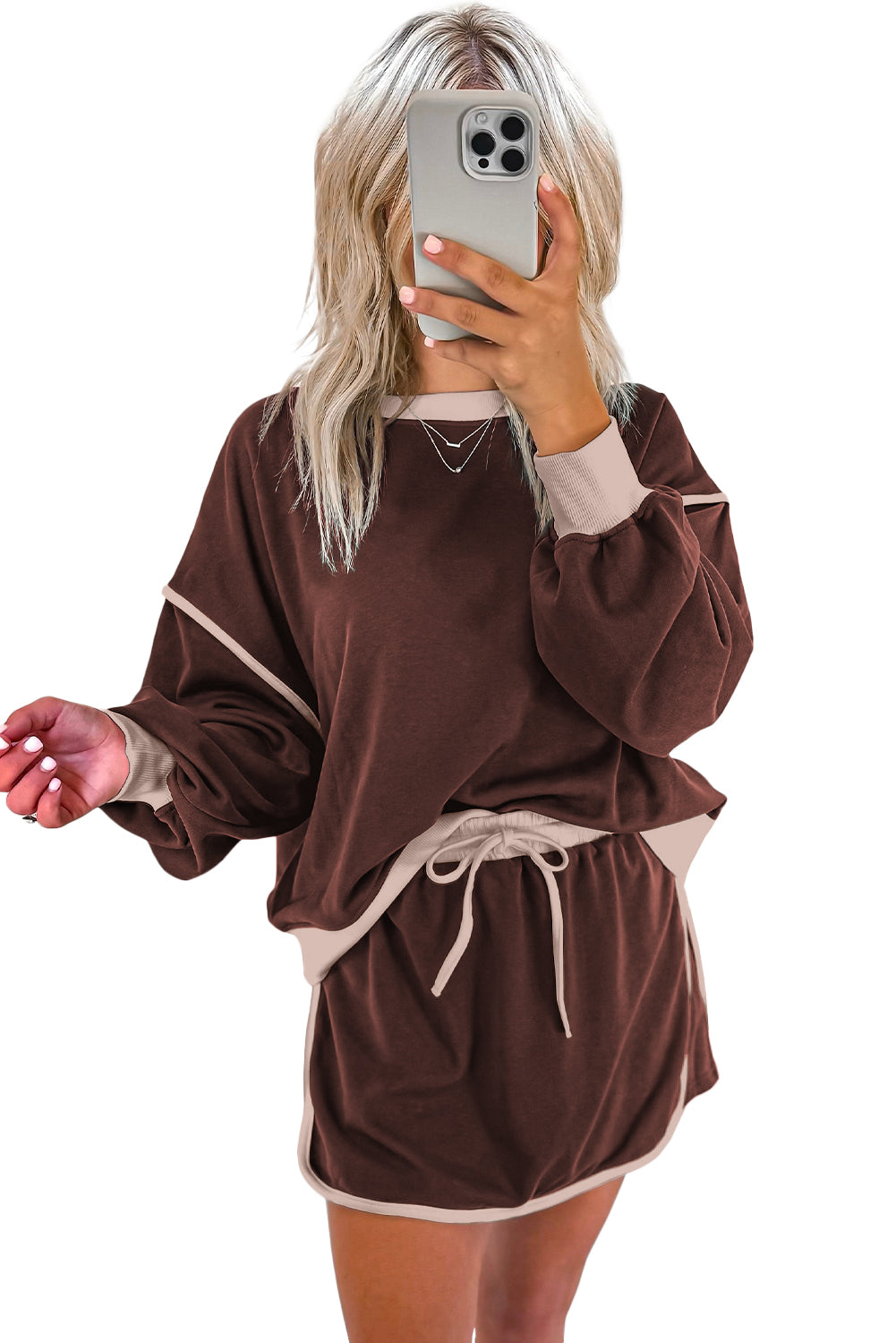 Evergreen Contrast Trim Loose Pullover and Lace-up Waist Skort Set - The Daily Makeover
