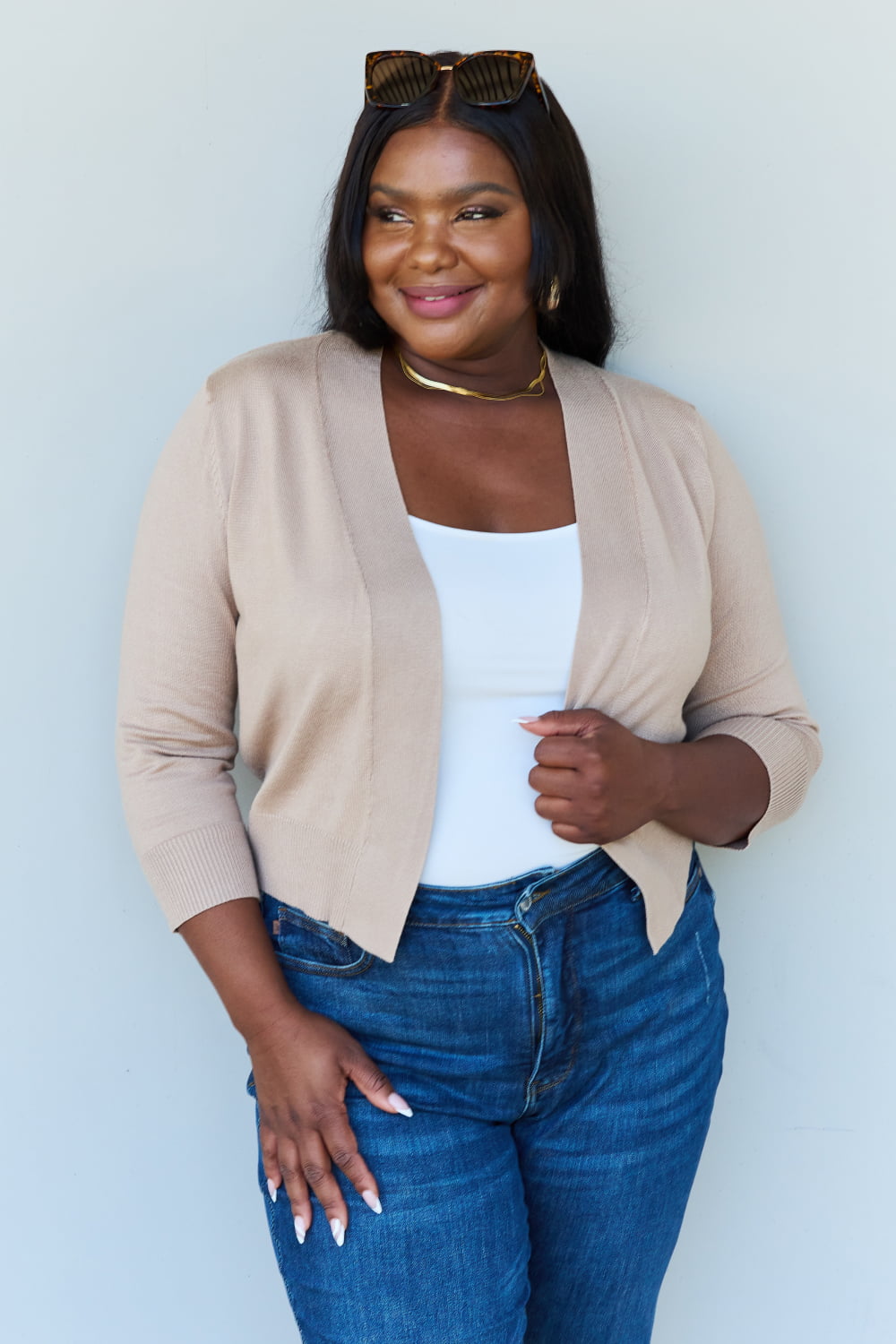Doublju My Favorite Full Size 3/4 Sleeve Cropped Cardigan in Khaki - The Daily Makeover