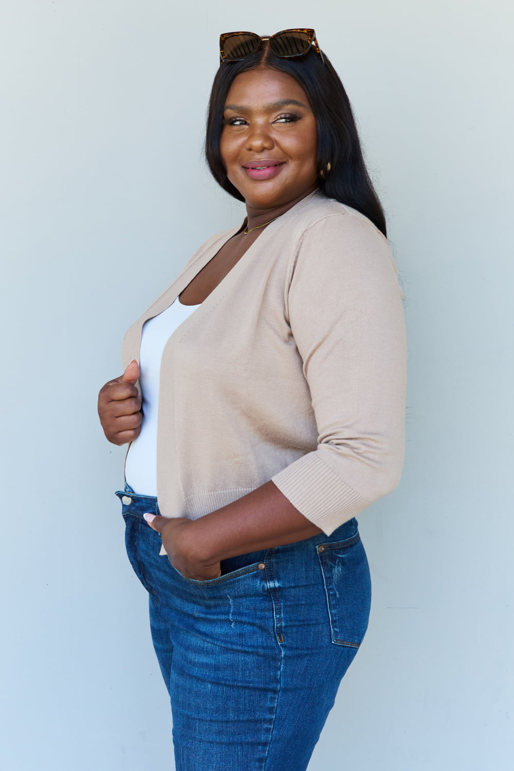 Doublju My Favorite Full Size 3/4 Sleeve Cropped Cardigan in Khaki - The Daily Makeover