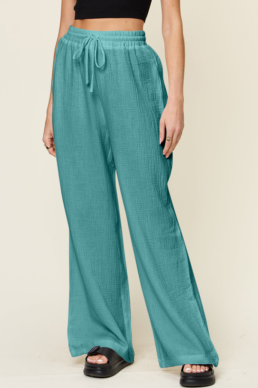 Double Take Full Size Texture Drawstring Wide Leg Pants - The Daily Makeover