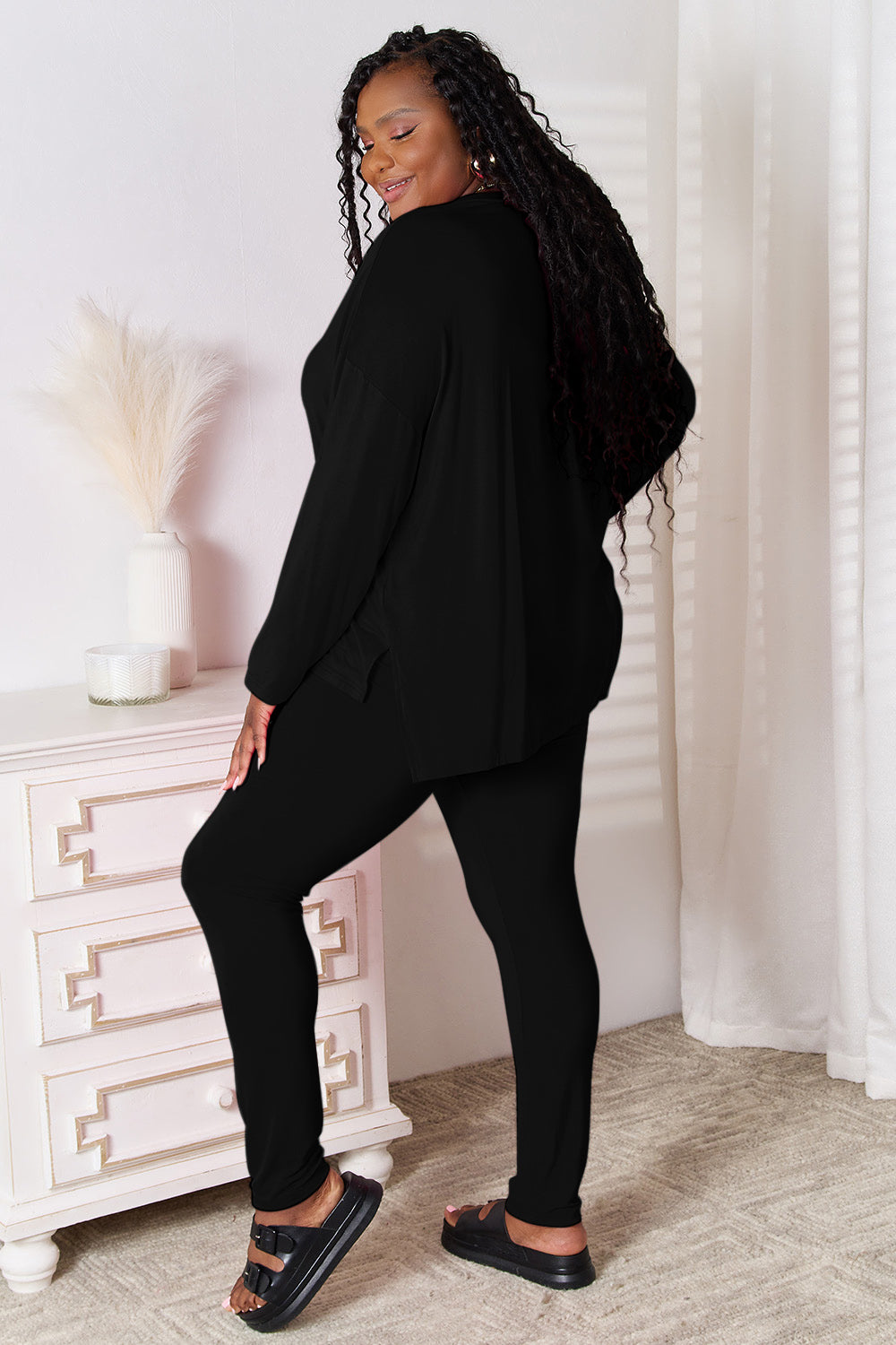 Basic Bae Bamboo Full Size V-Neck Long Sleeve Top and Pants Lounge Set - The Daily Makeover