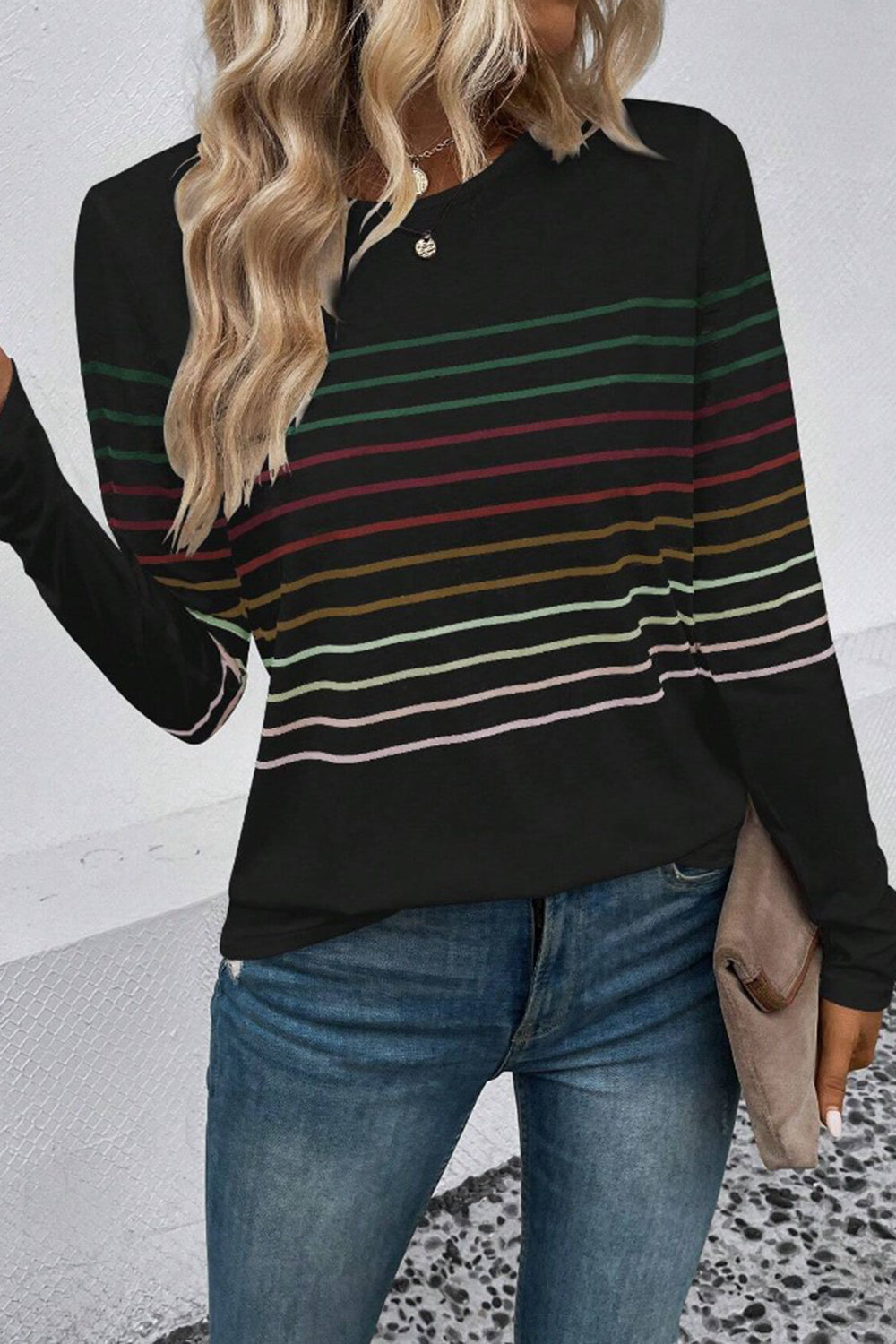 Striped Round Neck Long Sleeve T-Shirt - The Daily Makeover