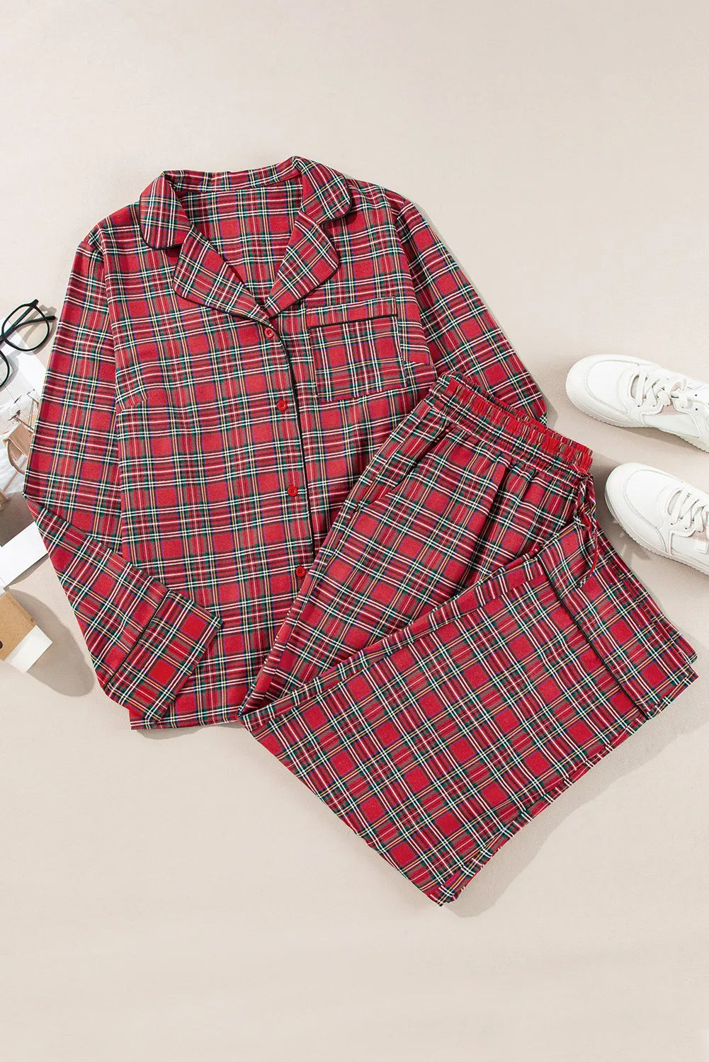 Plus Size Plaid Collared Neck Top and Pants Lounge Set - The Daily Makeover