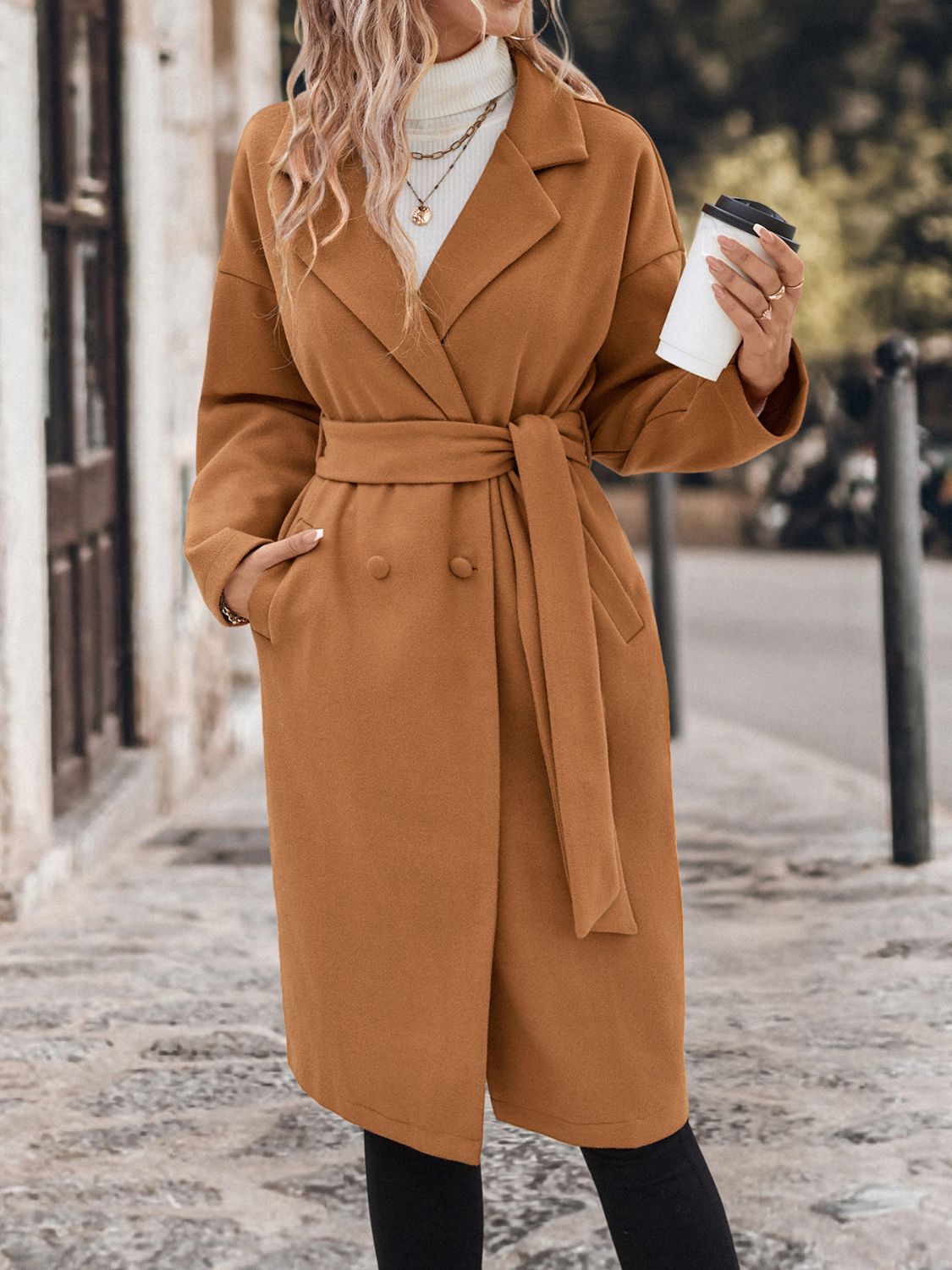 Perfee Dropped Shoulder Tie Waist Coat - The Daily Makeover