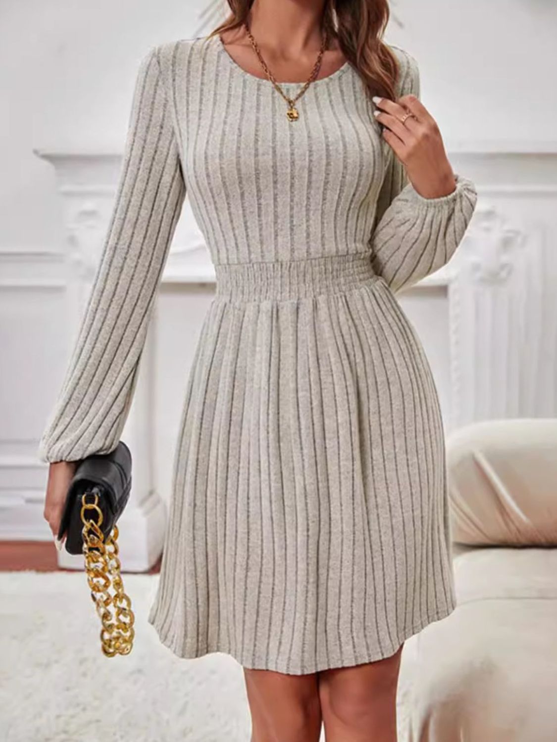 Smocked Round Neck Long Sleeve Knee Length Dress - The Daily Makeover
