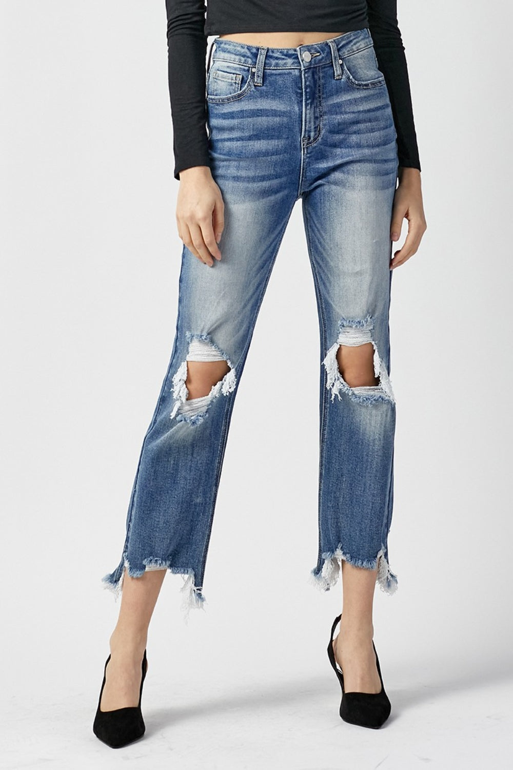 High Waist Distressed Frayed Hem Cropped Straight Jeans - The Daily Makeover