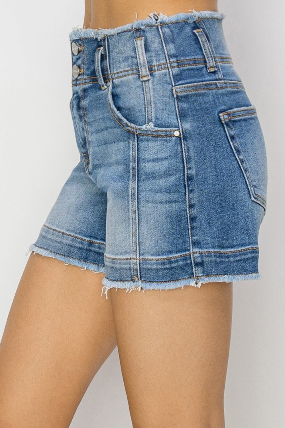 RISEN High Rise Seam Detailed Raw Edge Denim Shorts - The Daily Makeover