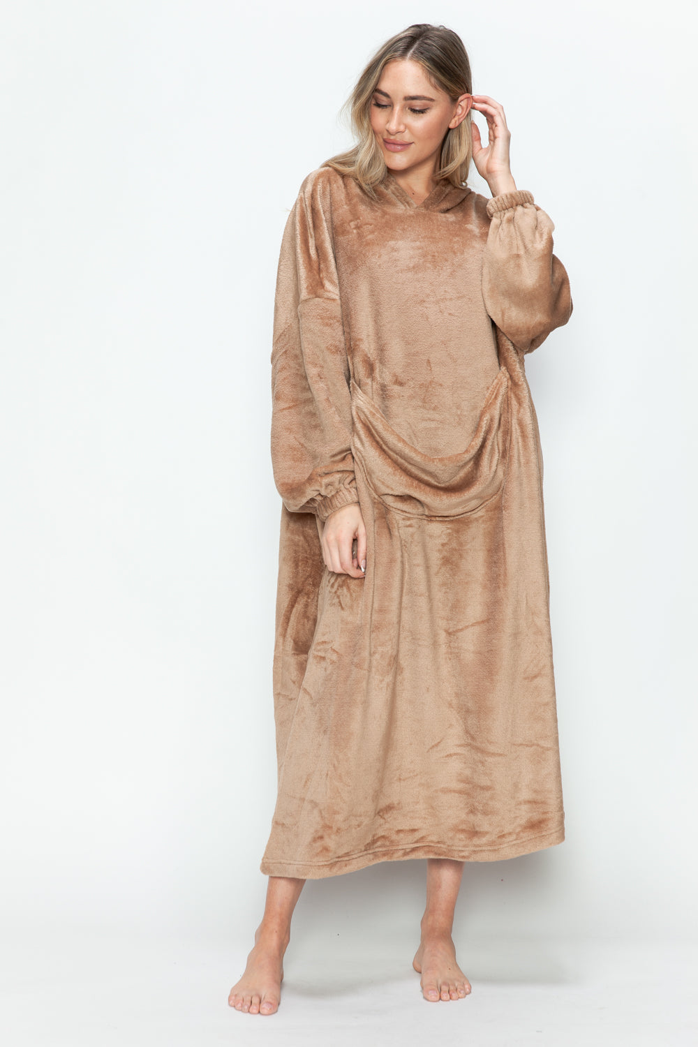 Double Take Full Size Pocketed Hooded Midi Lounge Dress - The Daily Makeover