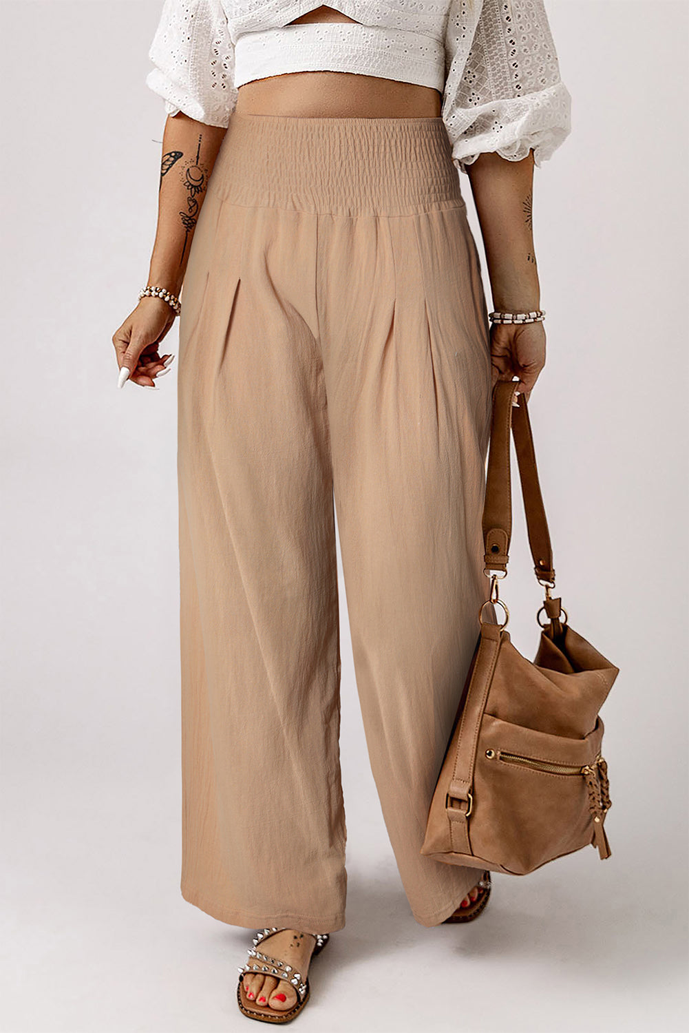 Khaki Smocked Wide Waistband High Waist Wide Leg Pants - The Daily Makeover