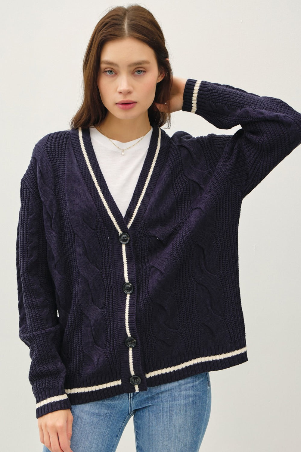 Be Cool Contrast Trim Cable-Knit V-Neck Cardigan - The Daily Makeover