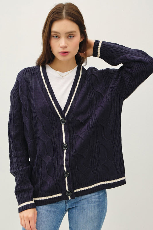 Be Cool Contrast Trim Cable-Knit V-Neck Cardigan - The Daily Makeover