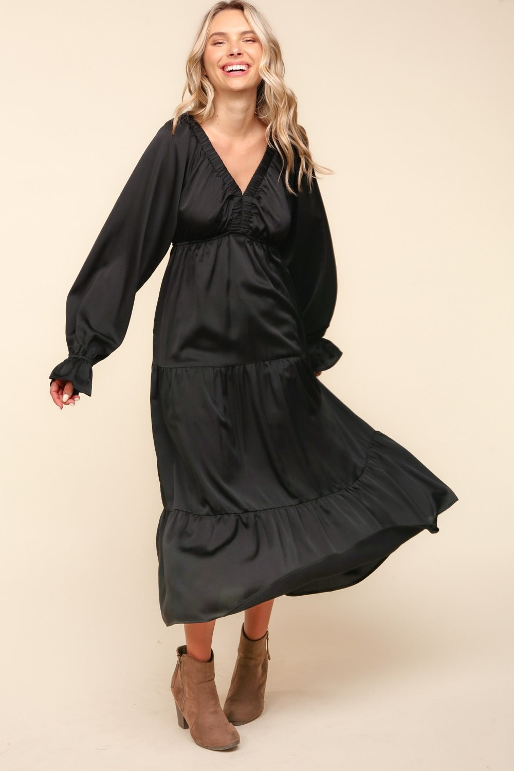 Haptics Flounce Sleeve Tiered Midi Dress with Pockets - The Daily Makeover