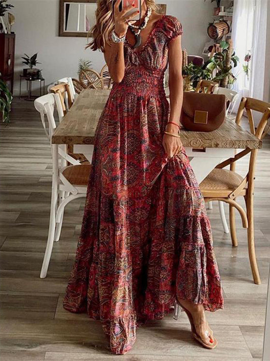 Full Size Smocked Printed V-Neck Short Sleeve Dress - The Daily Makeover