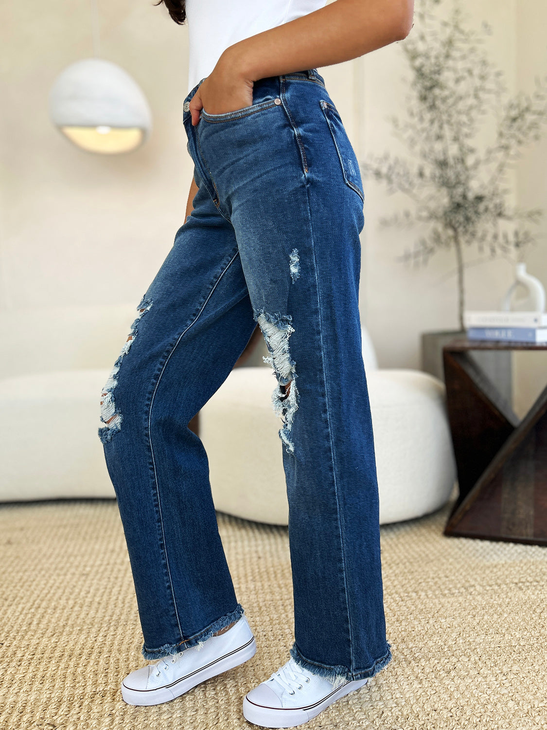 Judy Blue Full Size Mid Rise Distressed Raw Hem Jeans - The Daily Makeover