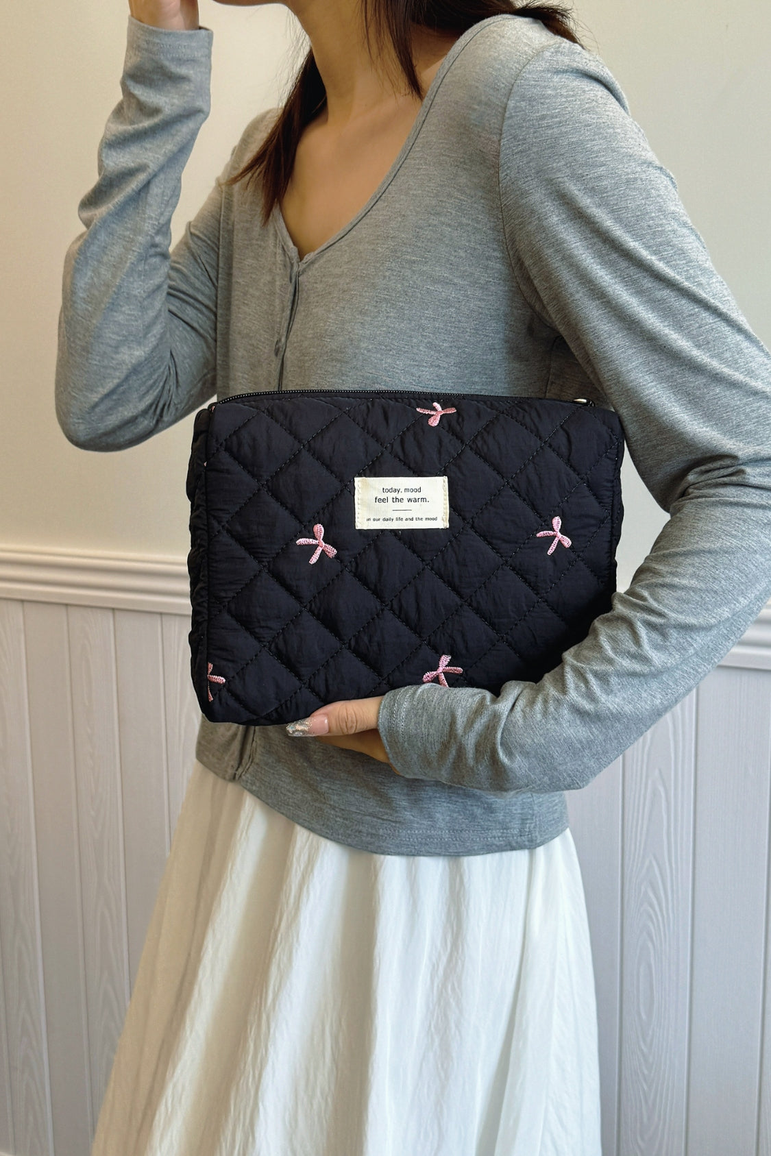 Bow Embroidered Quilted Storage Bag - The Daily Makeover
