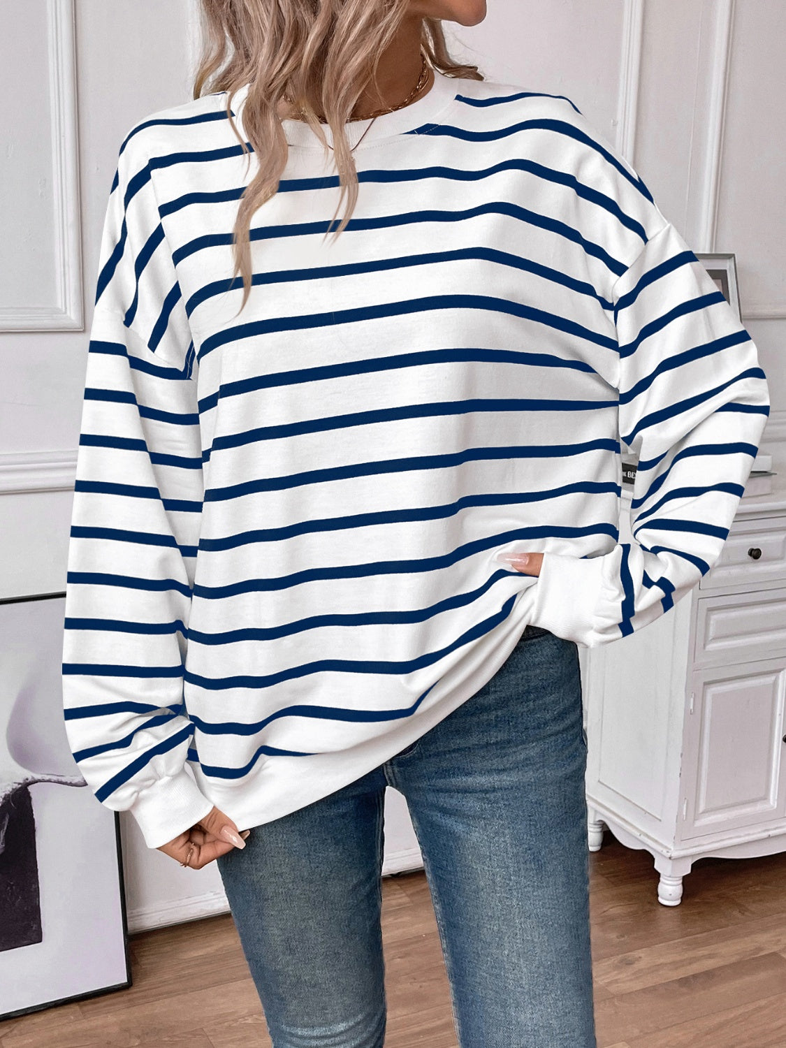 Striped Round Neck Long Sleeve Sweatshirt - The Daily Makeover