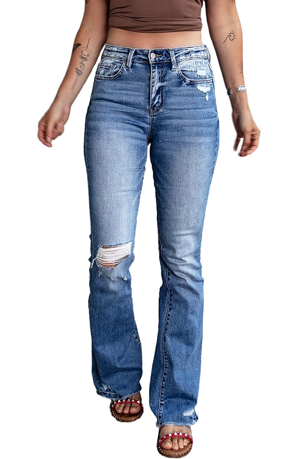 Dark Blue Ripped Raw Hem High Waist Flare Jeans - The Daily Makeover