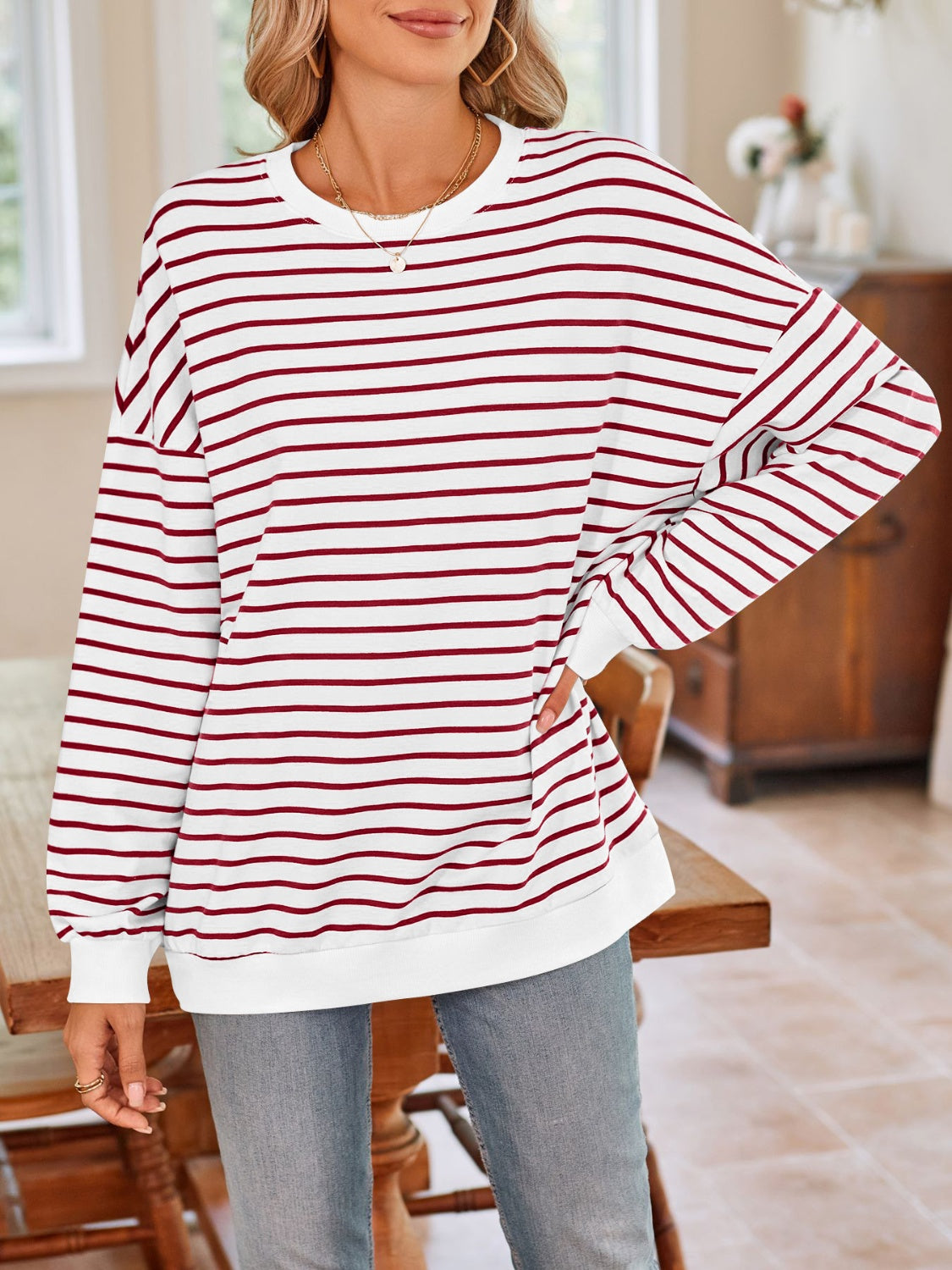 Lovelet Striped Round Neck Long Sleeve Sweatshirt - The Daily Makeover