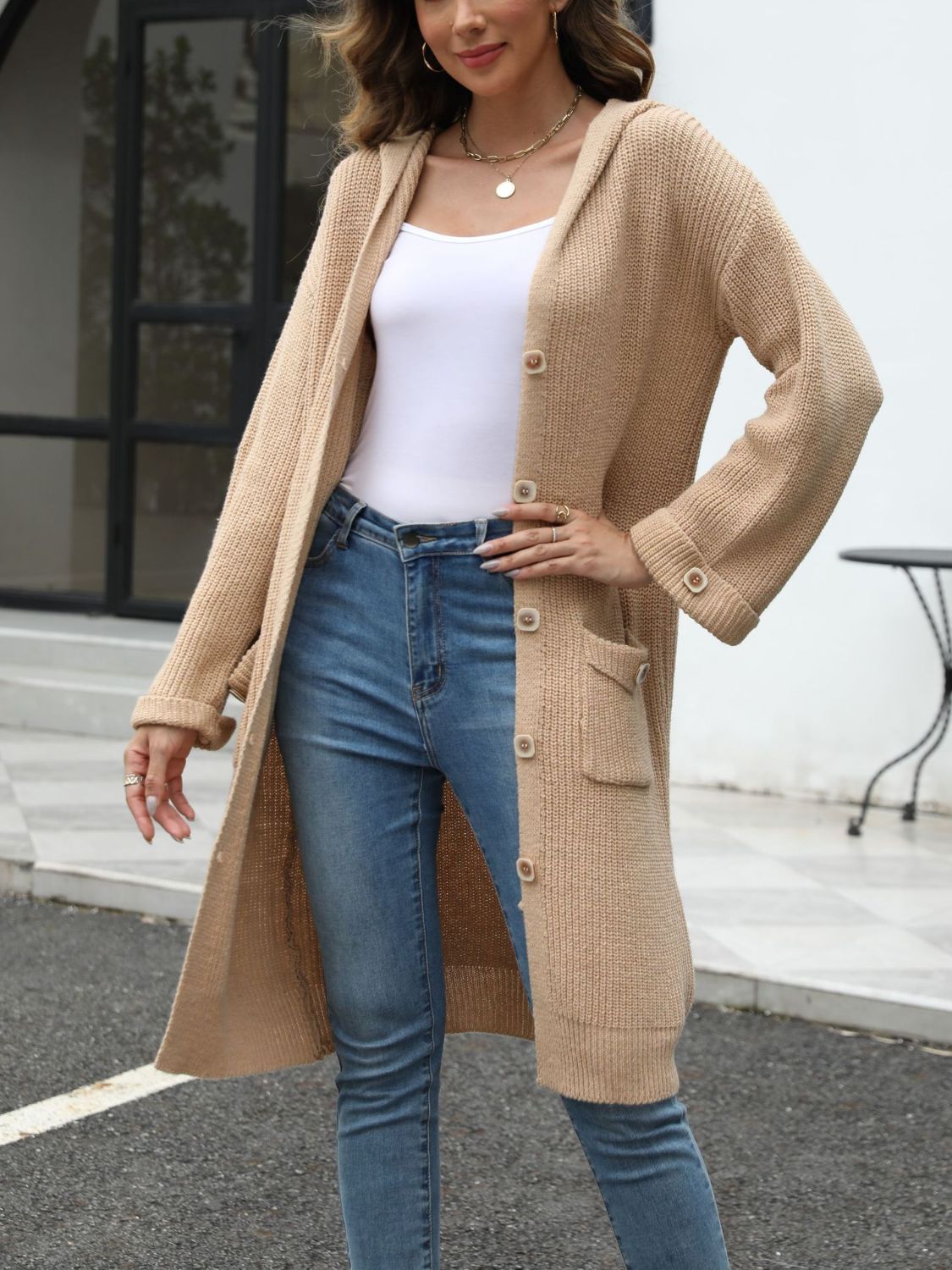 Pocketed Button Up Long Sleeve Hooded Cardigan - The Daily Makeover