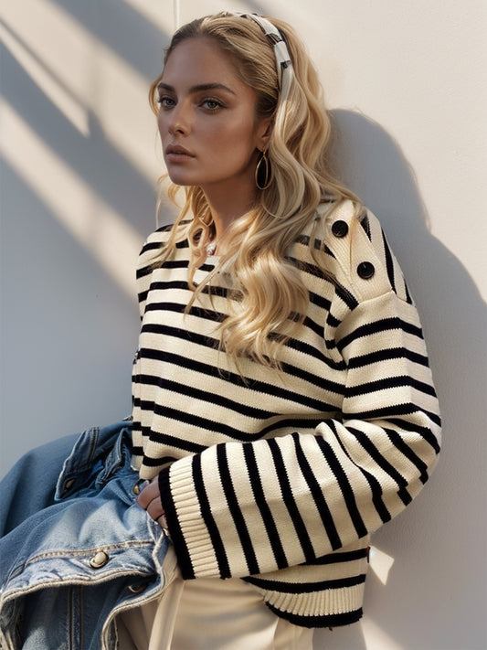 Perfee Striped Round Neck Long Sleeve Knit Top - The Daily Makeover