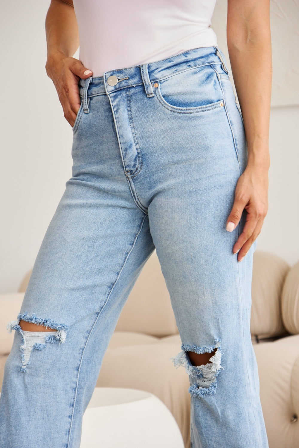 RFM Full Size Tummy Control High Waist Raw Hem Distressed Jeans - The Daily Makeover