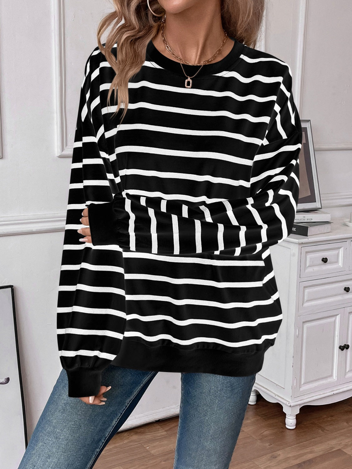Striped Round Neck Long Sleeve Sweatshirt - The Daily Makeover