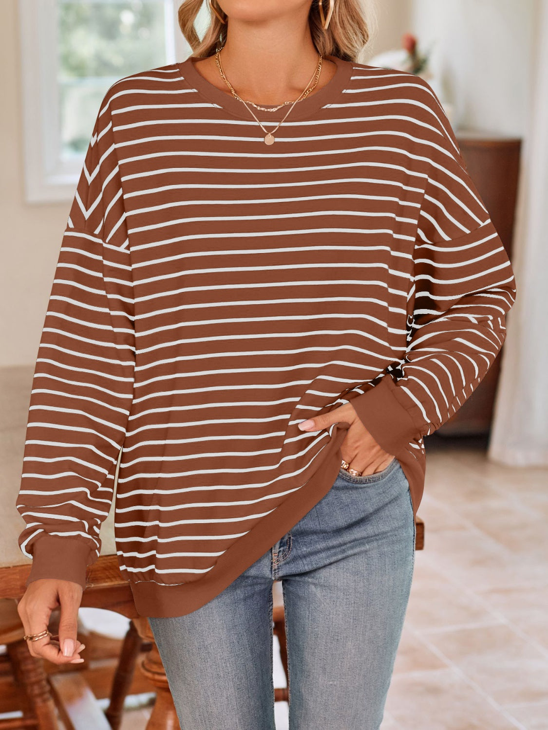 Lovelet Striped Round Neck Long Sleeve Sweatshirt - The Daily Makeover