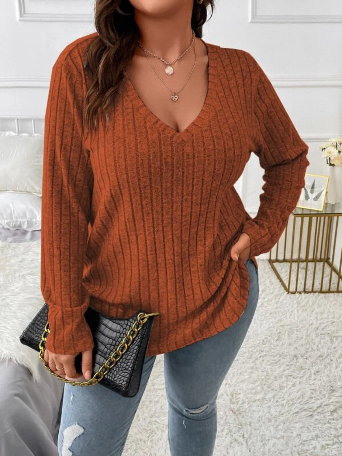 Plus Size V-Neck Long Sleeve T-Shirt - The Daily Makeover