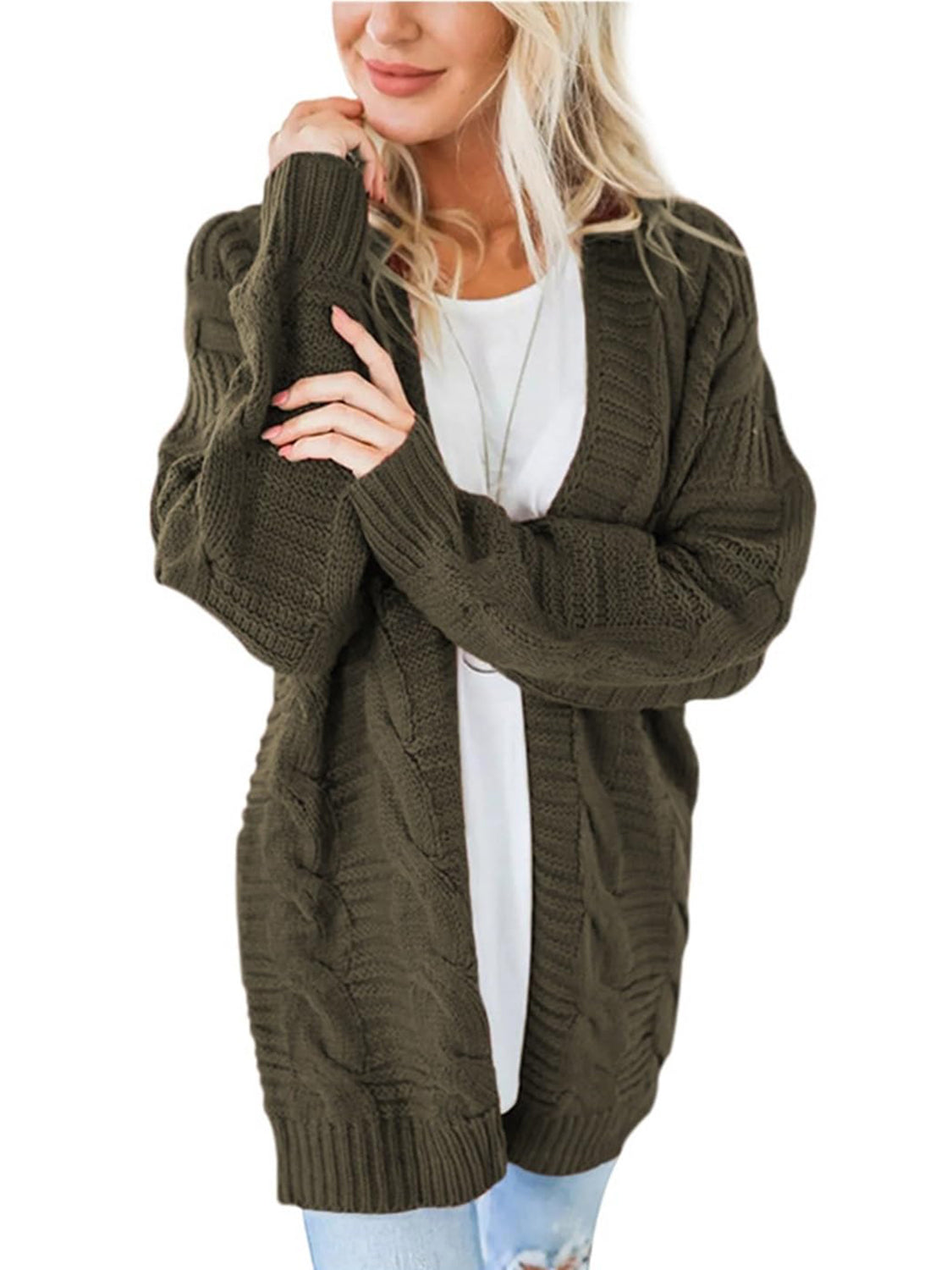 Cable-Knit Open Front Long Sleeve Cardigan - The Daily Makeover