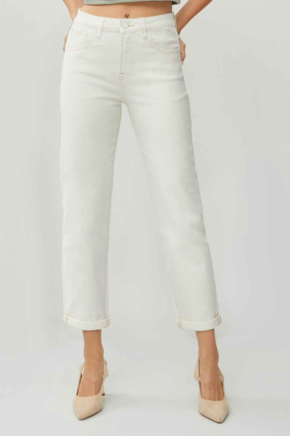 Full Size High Waist Rolled Hem Straight Jeans