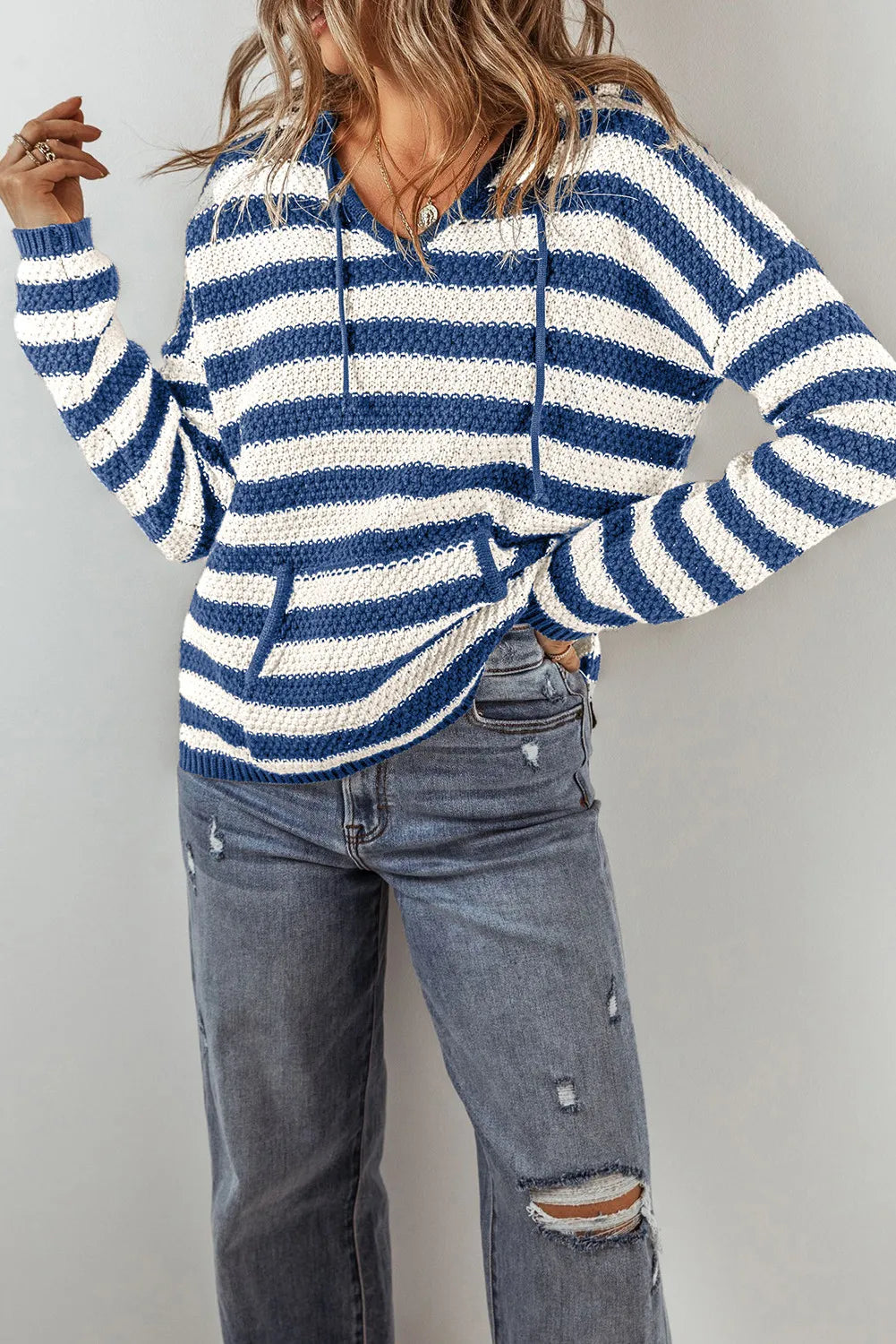 Drawstring Striped Long Sleeve Hooded Sweater - The Daily Makeover
