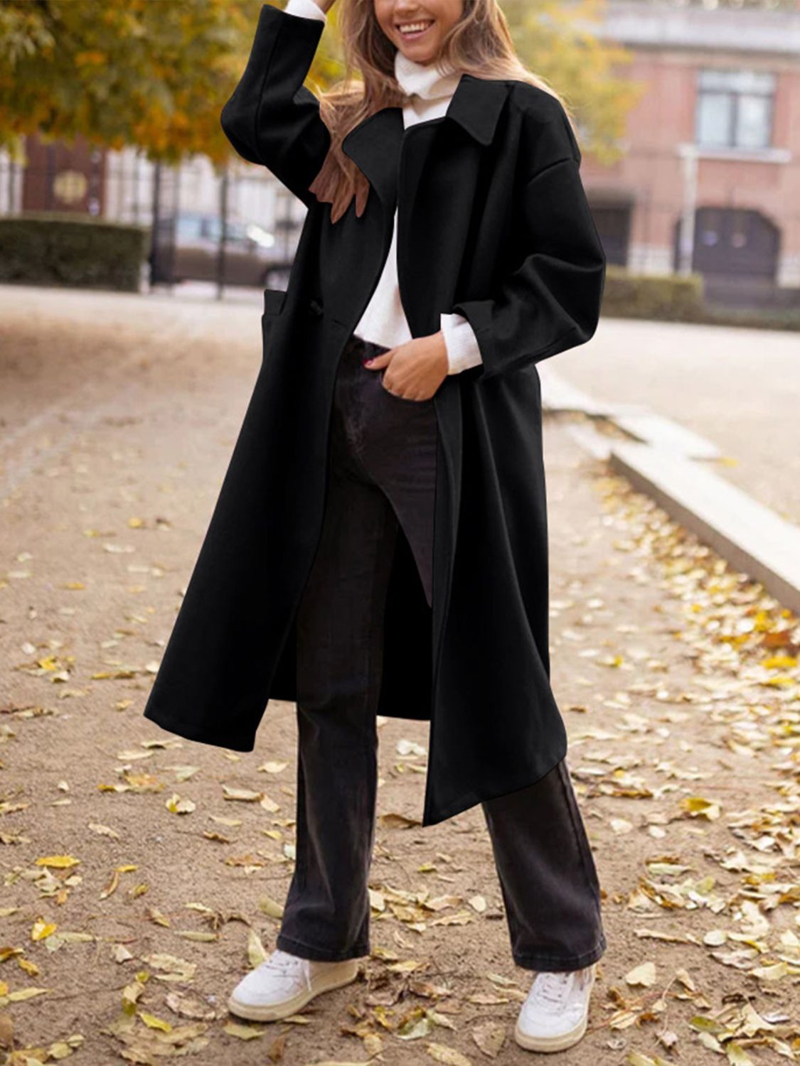 Pocketed Collared Neck Long Sleeve Coat - The Daily Makeover