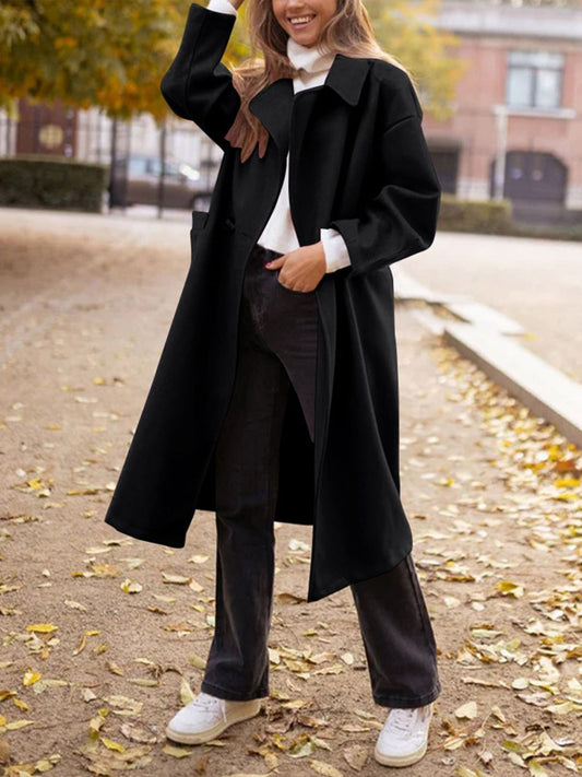 Pocketed Collared Neck Long Sleeve Coat - The Daily Makeover