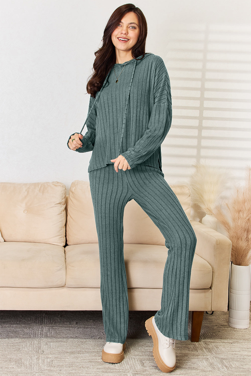 Basic Bae Full Size Ribbed Drawstring Hooded Top and Straight Pants Set - The Daily Makeover