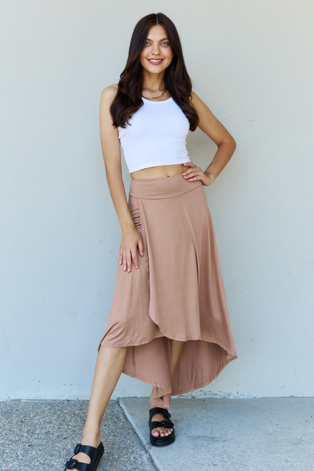 Ninexis First Choice High Waisted Flare Maxi Skirt in Camel - The Daily Makeover