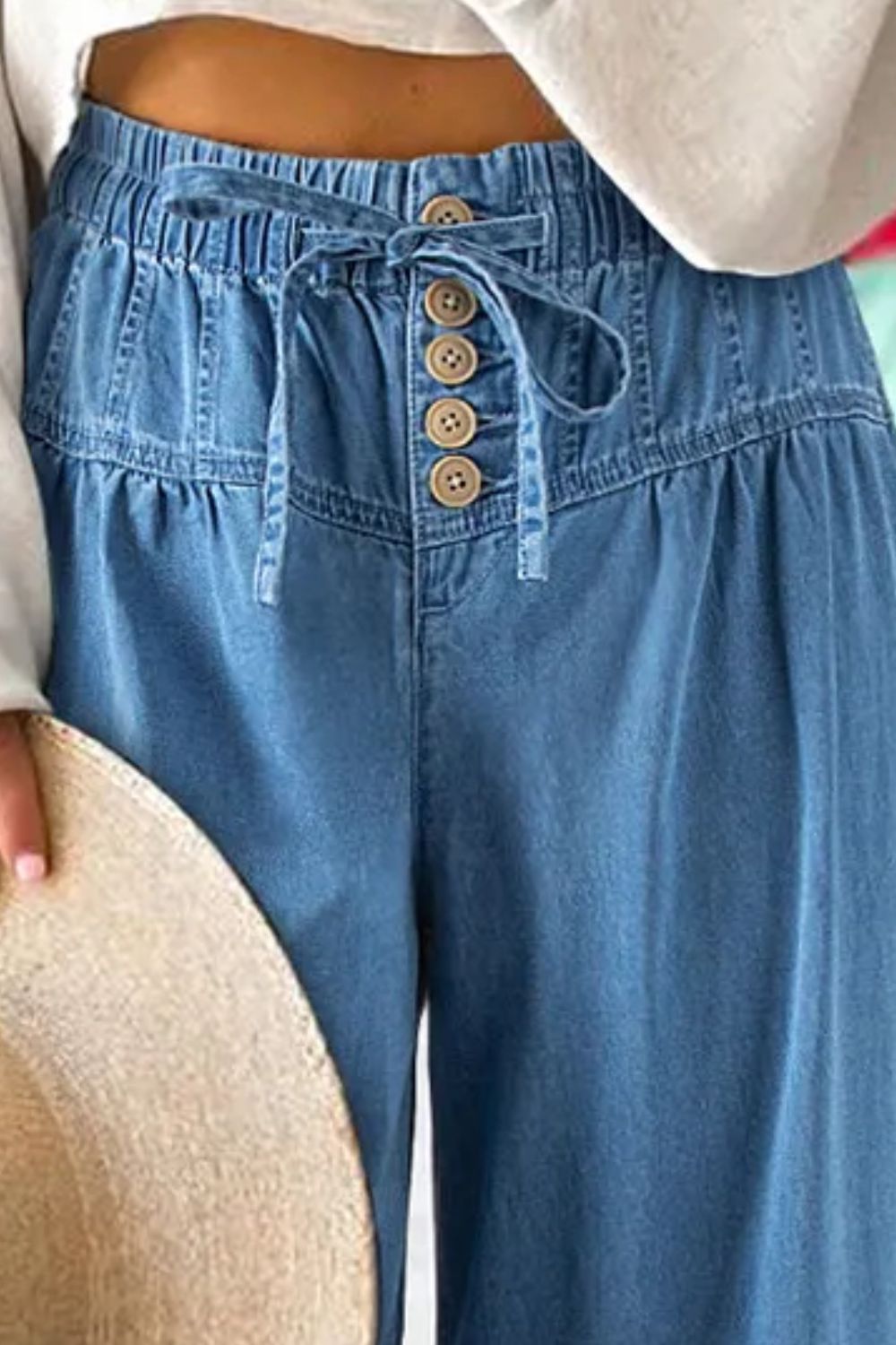 Drawstring Elastic Waist Wide Leg Jeans - The Daily Makeover