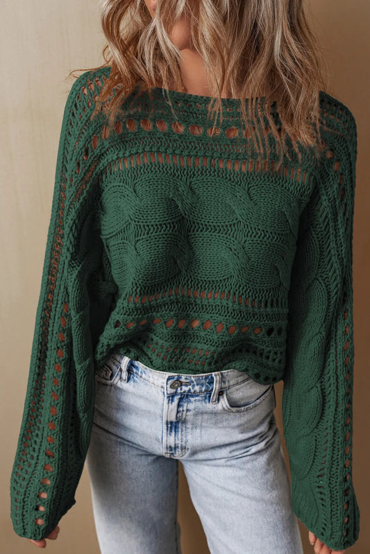 Cable-Knit Openwork Long Sleeve Sweater - The Daily Makeover
