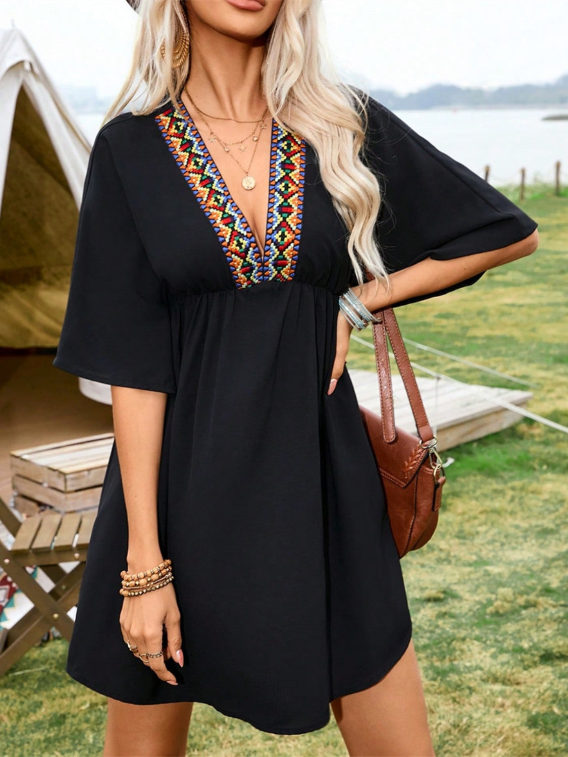 Embroidered Plunge Half Sleeve Mini Dress - The Daily Makeover