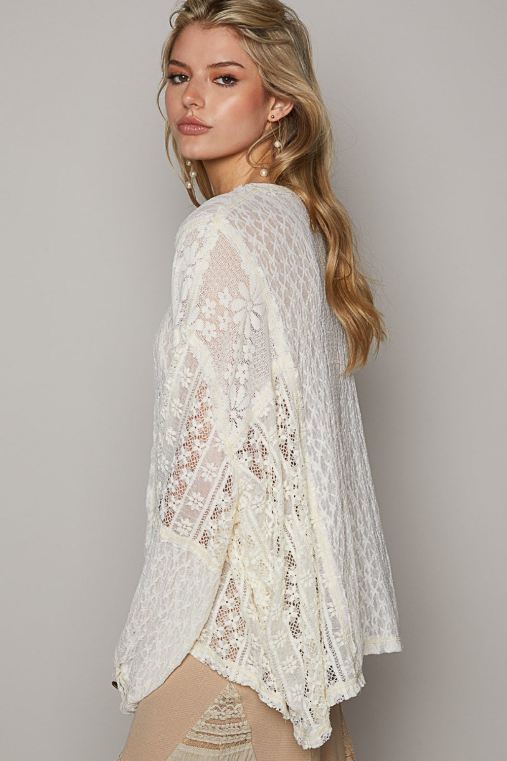 POL Round Neck Long Sleeve Raw Edge Lace Top - The Daily Makeover