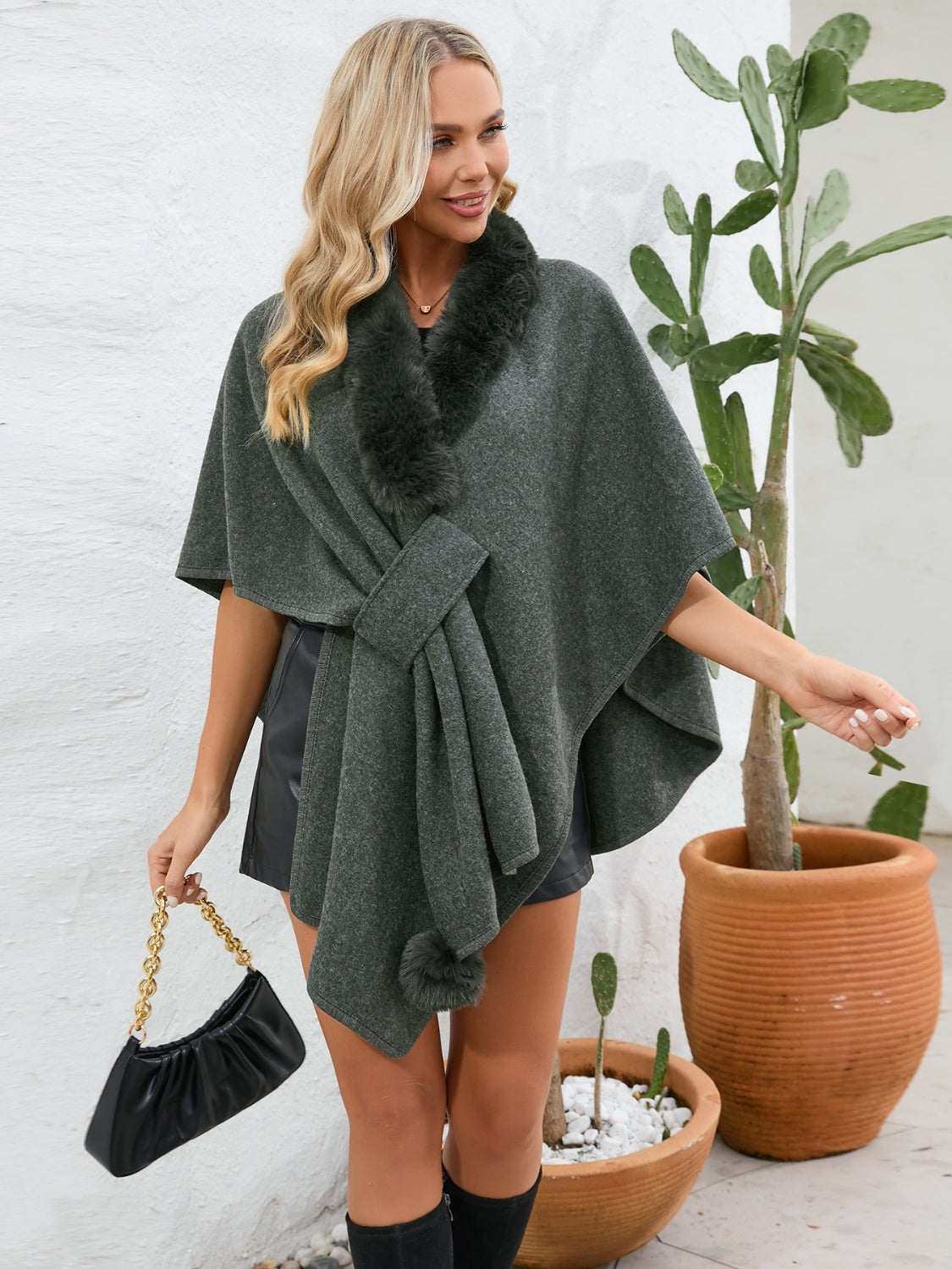 Fuzzy Trim Open Front Poncho - The Daily Makeover