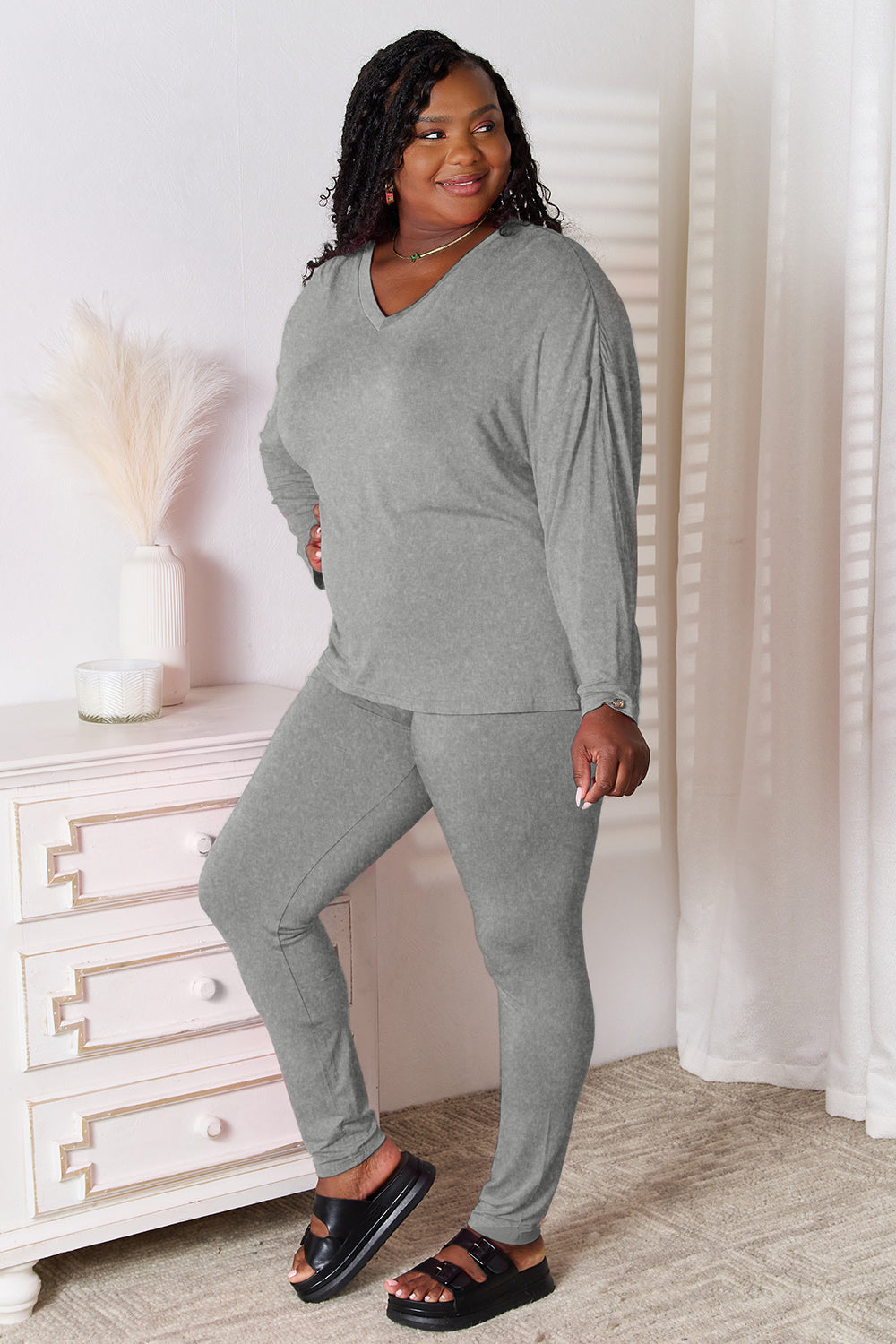 Basic Bae Bamboo Full Size V-Neck Long Sleeve Top and Pants Lounge Set - The Daily Makeover