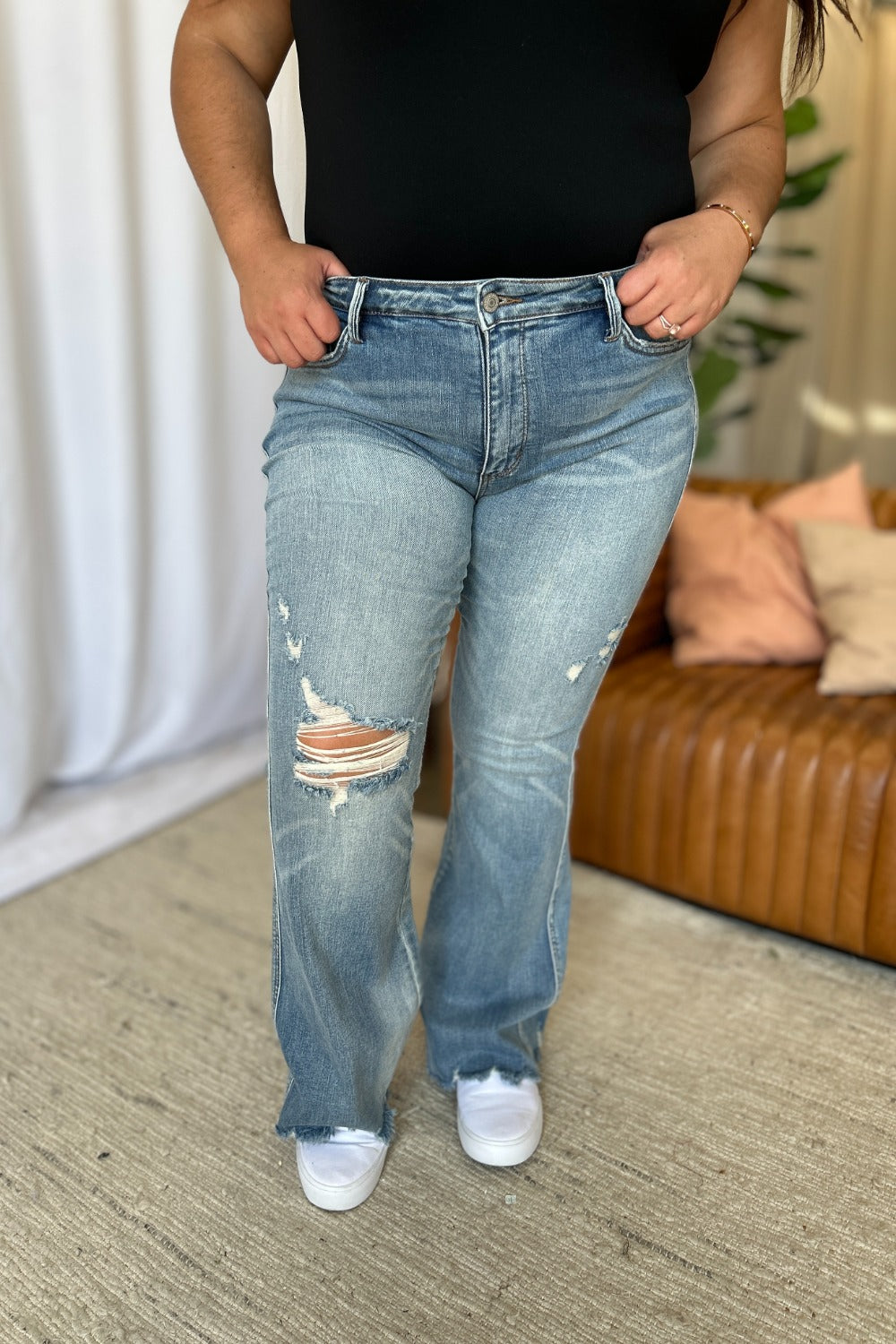 Judy Blue Full Size Medium Rise Tummy Control Destroy Flare - The Daily Makeover